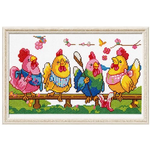 Image of Zhenqing Knitting Chickens Stamped Cross Stitch Kit, 11CT Printed Pattern on White Cotton Fabric, Farmhouse Chicken Decor | For Adults and Beginners, White 11CT Cotton Fabric, DIY Farmhouse Chicken Needlework, 50 x 33cm, 66313