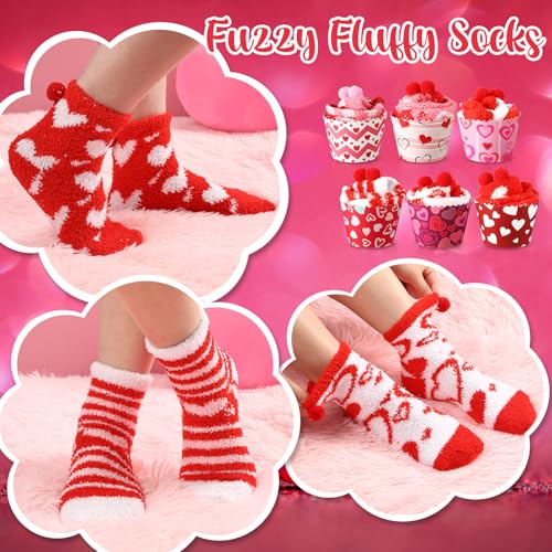 Image of 6 Pairs Valentine's Day Cupcake Socks Fuzzy Sock with Cupcake Card DIY Gift Slipper Stockings for Winter Women Men