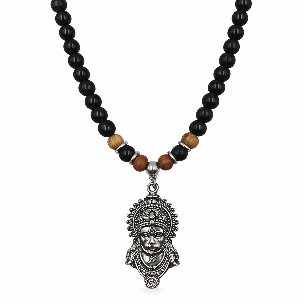 Spiritual Idol Hanuman Charm Black Beads Necklace for Men | Idol with Beads Pendant Chain | Urban Edge Accessories | Silver Black Pendant Necklace | Stainless Steel Chain for Boy | Accessories for Men | Birthday Gift for Boy-image-21