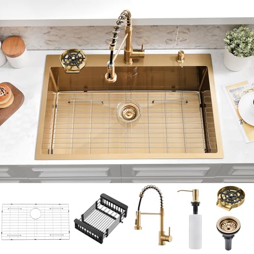 SOMRXO 33×22 Drop In Kitchen Sink with Faucet Combo-Stainless Steel Gold Drop In Sink with Cup Washer, 9 Inch Deep Single Bowl Kitchen Sinks and Faucets Combo Set,Top Mount Design for Modern Kitchens