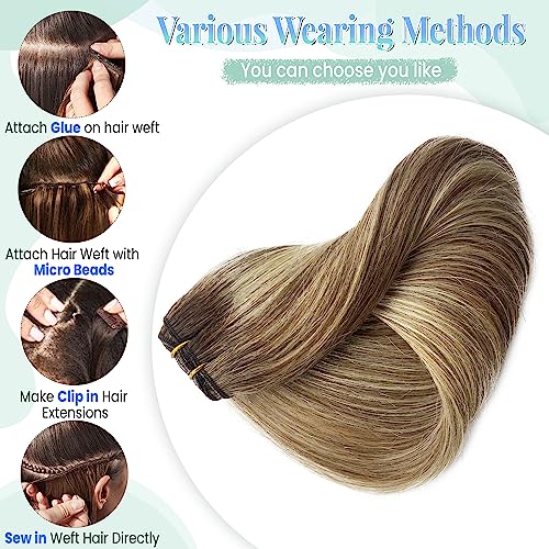 Image of Weft Hair Extensions Human Hair,24 Inch 120G Sew in Hair Extensions Real Human Hair Bundles Natural Black and Blonde Highlights Hair Extensions Real Human Hair Weft Extensions Weave Bundles for Women
