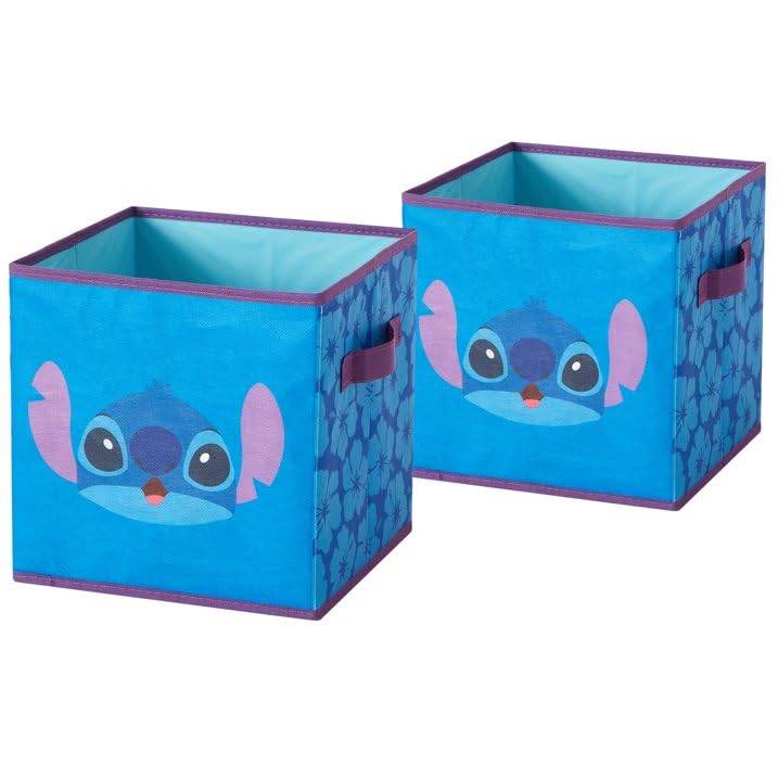 Disney Stitch Storage Bins,10" Collapsible Fabric Cubes, Pack of 2,Kids Organizer, Nursery & Bedroom Decorative Storage Boxes with Handles