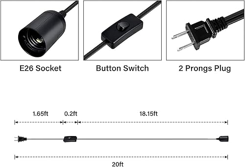 Miniatura 4 de Simple Deluxe - Cordón de lámpara colgante de linterna de 15 pies con enchufe E26, con interruptor de encendidoapagado (bombilla no incluida)