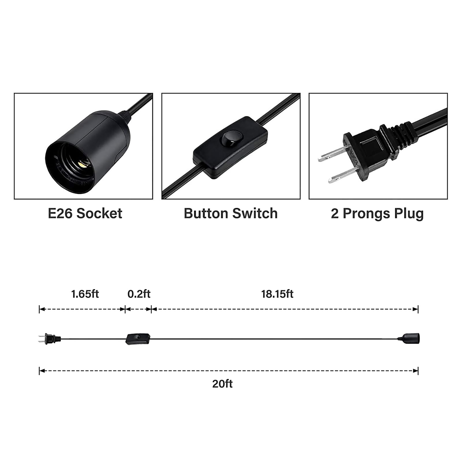 Simple Deluxe 15 Feet Extension Hanging Lantern Pendant Light Cord with E26 Socket, Featuring an On/Off Switch(Bulb Not Included)