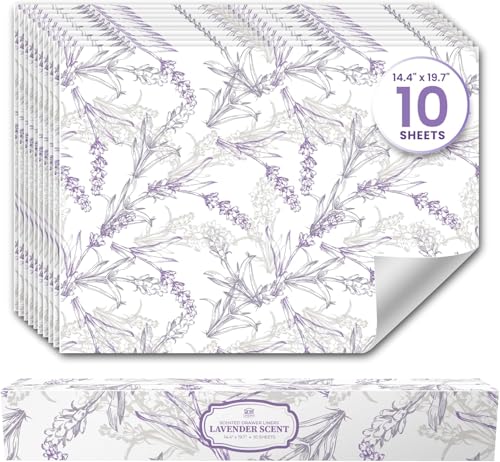 Lavender Scented Drawer Liners (10 Large Sheets, 50cm x 36.5cm) - Non Adhesive Drawer Fresheners & Lining Paper for Drawers, Bedroom & Wardrobe Shelves - Drawer Liners Scented for Clothes