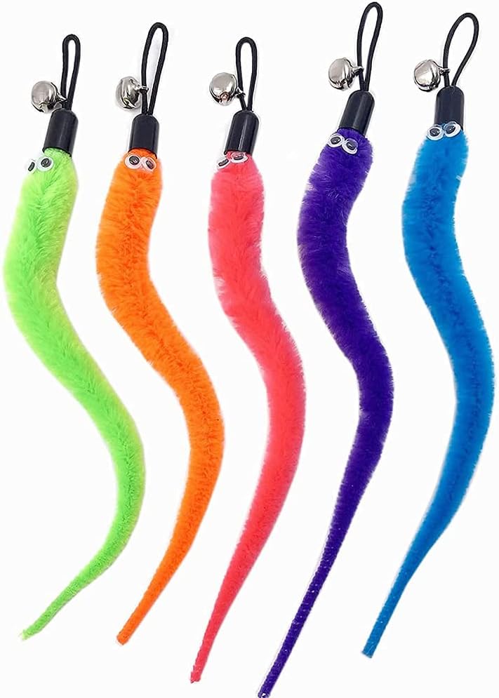 FadyDail Cat Worm Toy Refills Cat Toy Wand Replacement 5 Pack 5 Color, Cat Worms Refill Cat Teaser Refills with Bell for Cat Kitten Worm…
