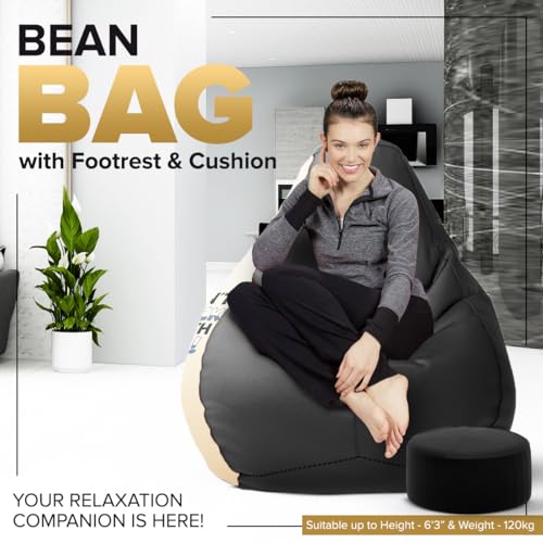 Image of Amazon Brand - Solimo Premium Faux Leather Bean Bag Combo with Footrest & Cushion, Filled with Beans | Capacity: Upto 6 Ft 3 in Height, 120 KG Weight | 3XL | Don't Duck with Me | Black