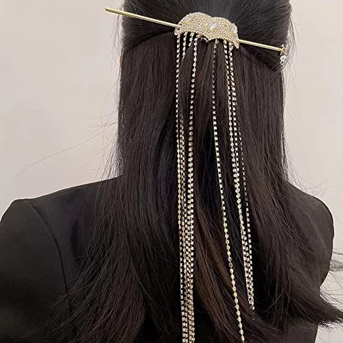 Heart Rhinestones Long Chain Tassel Hairwear Crystal Ponytail Holder Hairpin Metal Vintage Hair Chopsticks Head Chain Headwear Jewelry Accessories For Women (Gold) #TOP6