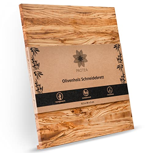 PROTEA Küchenbrett mit Saftrille und Anlegekante, Schneidebrett massiv Olivenholz Gr. XXL - schnittfestes & antiseptikum Holzbrett für die Küche - Serviertabeltt - Olivenholzbrett nachhaltig