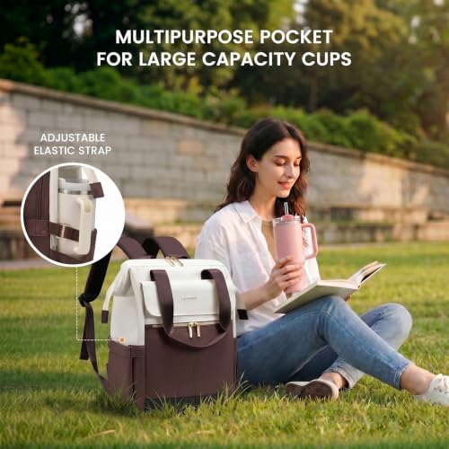 Image of LOVEVOOK Laptop Backpack for Women with Giant Tumbler Holder, 15.6 Inch Work Laptop Bag with USB Port, Fashion Teacher Nurse Backpack Purse, Waterproof Travel Computer Backpack, 2PCS, Apricot-Coffee