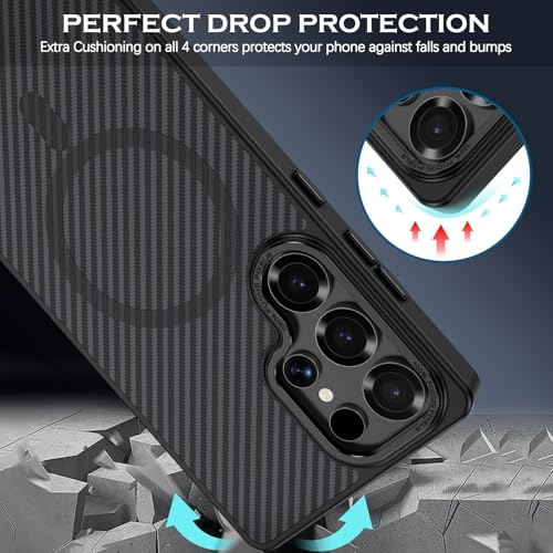 Image of BENTOBEN Carbon Fiber Back Cover Case for Samsung Galaxy S25 Ultra, Compatible with Mag-Safe, Slim Flexible Shockproof Anti-Scratch Anti-Slip Bumper Protection, TPU+Polycarbonate, Black