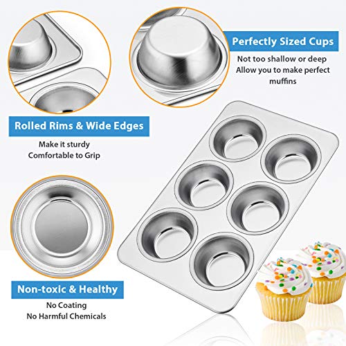 E-far Muffin Pan Set of 2, Stainless Steel Muffin Pan Tin for Baking, 6-Cup Metal Cupcake Pan Tray, Non-toxic & Healthy, Oven & Dishwasher Safe, Regular Size - 11.44 x 7.12 x 1.25 inch - Image 4