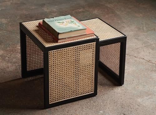 Image of Wooden Coffee Table| End Table| Sofa SideTable| SideTable for Living Room| Rattan Cane Table (45x45) Black Set of 2