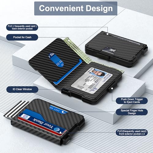 Wallet for Men - Pop Up Case, Cash Slot, and Credit Card Wallet - Slim Minimalist Aluminum Front Pocket Wallet with RFID Blocking/ID Window (Carbon Fiber)2