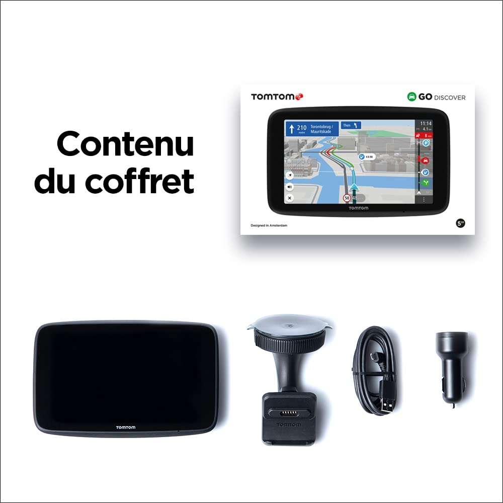 TomTom GPS Voiture GO Discover, 5 Pouces, Info Trafic, Alertes de Zones de Danger, Cartes Monde, Mise à Jour Rapide Via WiFi, Parking, Prix du Carburant, Fixation Magnétique Alimentée Noir