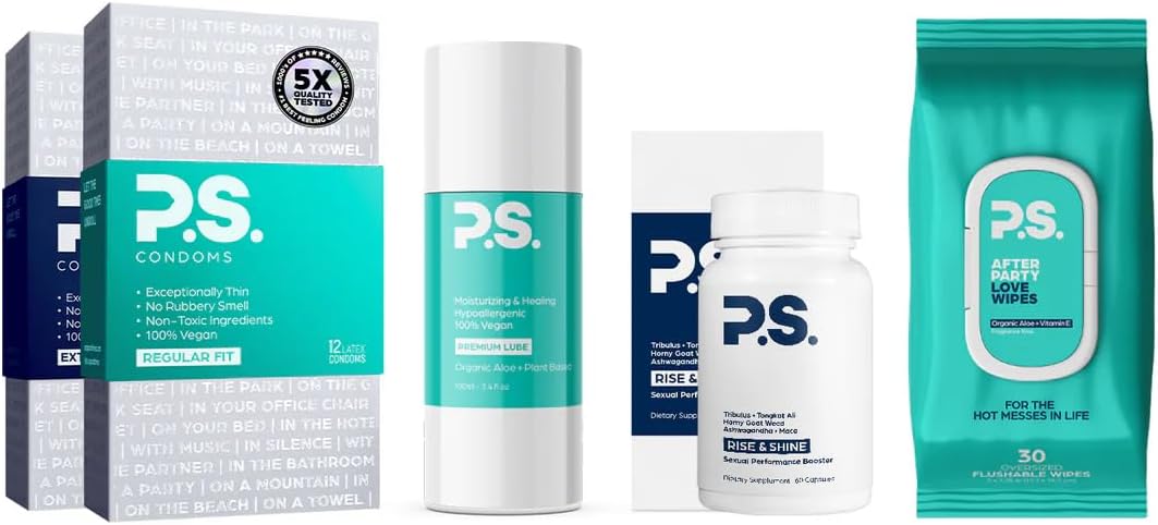 PS Condoms Exceptionally Thin Latex Condoms for Men - 12 Pack, Afterparty Love Oversized Adult Flushable Wipes, Organic Aloe & Plant Based Lube, Rise & Shine