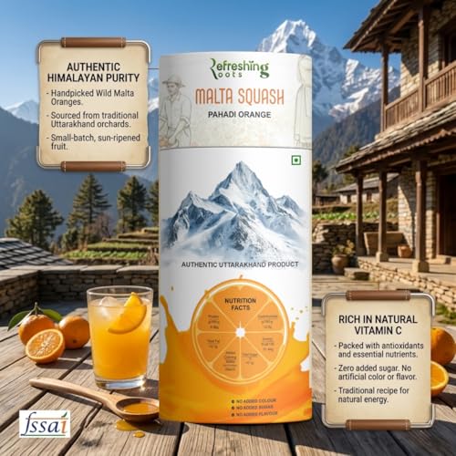 Image of REFRESHING ROOTS Uttarakhand Wild Orange (MALTA) Squash 300 ML Pack Glass Bottle | Cold Pressed | Uttarakhand Authentic Taste | Added Honey | No Artifical Colors | Rich In Vitamins -C | Malta Squash