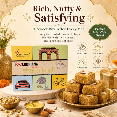Image of Chocovic Roasted Chana Burfi 500g Eco Box | Premium Indian Sweet Made with Finest Chickpea Flour & Assorted Nuts | No Added Colours, Preservatives or Flavours | Vegetarian Traditional Mithai
