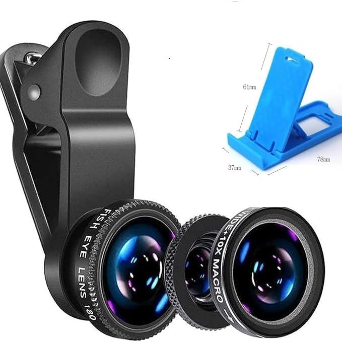 Universal 3 In1 Set with Mobile Stand Professional Hd Camera Lens:180° Fisheye Lens+Wide Angle+ 10X Macro with Bag Clip Holder Kit for All Smart Phones,Tablets,Android (Multi)