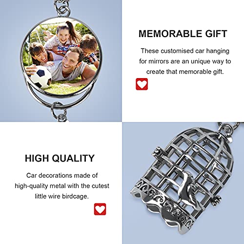 Custom Car Hanging Accessories With Birdcage Can Hold Air Freshener, Personalized Car Rear View Mirror Charms With Photo/Text - Memorial Ornament (Silver) #TOP4