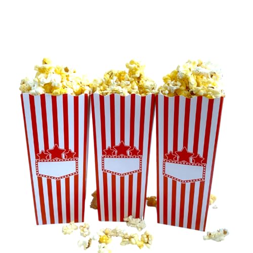 Image of 100 Pack Popcorn Box Disposable Container, 7.75 Inches tall, Cardboard Red and White Striped Popcorn Box, Parties, Movie Night, Snack (White Name Box)