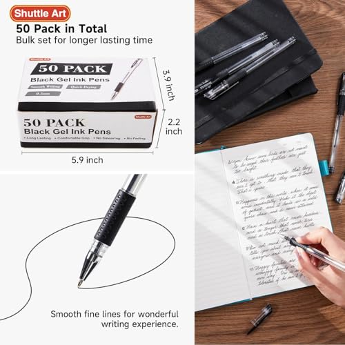 Image of Shuttle Art Black Gel Pens, 50 Pack Fine Point Black Ink Pens Bulk, 0.5mm Rollerball Gel Ink Pens Smooth Writing with Comfortable Grip for Office, School and Home