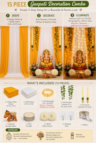 Image of Divyakosh Ganpati Decoration Set (15 Pcs) for Home, Ganesh Chaturthi Backdrop, Ganesha Setup Fabric Garlands, LED Lights, Dahlia Flowers & Elephant Diya