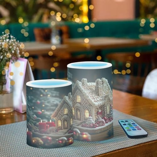Image of Gingerbread House Flickering Flameless Candles LED Battery Operated with Remote Timer Pillar Candles for Home Birthday Wedding Christmas Decor, Set of 2