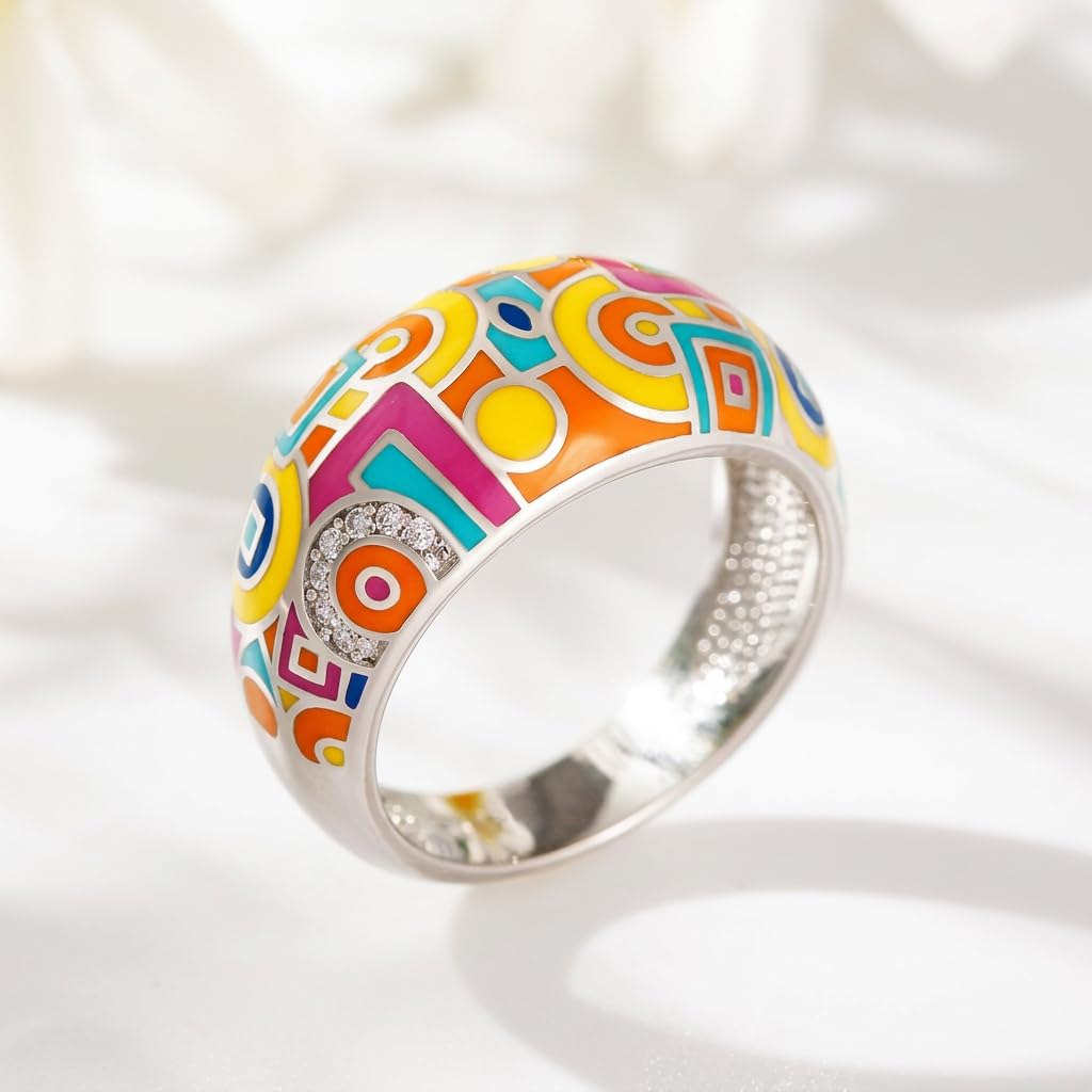 Jeulia Damen Sterling Silber Ring Mehrfarbig Emaille Blumen Geometrisch Diamant Band Ring für Frauen Mädchen Breiter Ring Party Schmuck Personalisierte Anniversary Geschenk