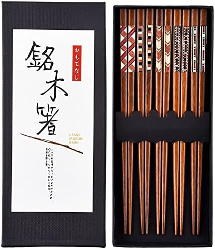 HAUTOCO 5 Pairs Hardwood Chopsticks Reusable Chopstick Set for Gift, Natural Wood Japanese Chinese Minimalism Style Chop Sticks, Dishwasher Safe, 22.8cm