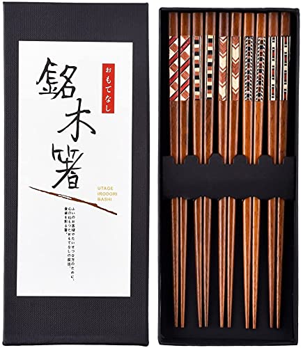 HAUTOCO 5 Pairs Hardwood Chopsticks Reusable Chopstick Set for Gift, Natural Wood Japanese Chinese Minimalism Style Chop Sticks, Dishwasher Safe, 22.8cm