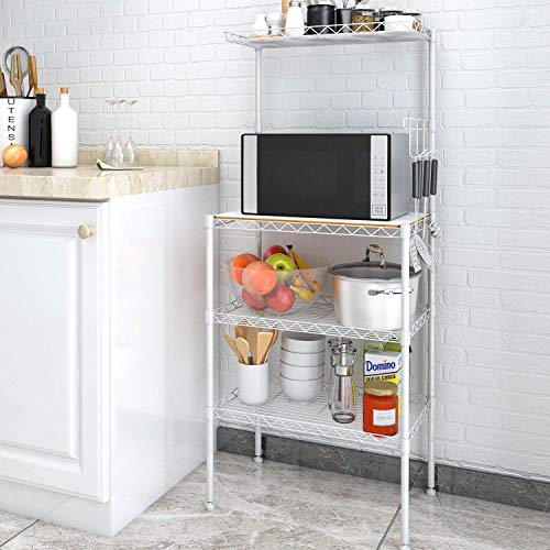 Lifewit 4-Tier Baker's Rack, Microwave Cart Oven Stand with 4 Hanging Hooks & Spice Rack for Kitchen Storage, Carbon Steel, White (Multicolor)