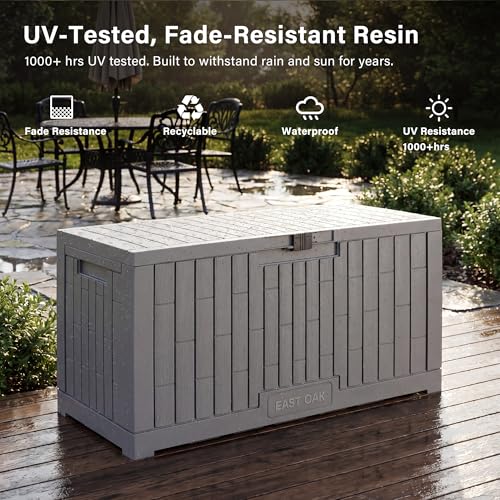 Image of EAST OAK Outdoor Storage Box, 100 Gallon Deck Box, Waterproof Resin Storage Bench for Patio Cushions, Gardening Tools, Pool Toys, Lockable, UV Resistant, Grey