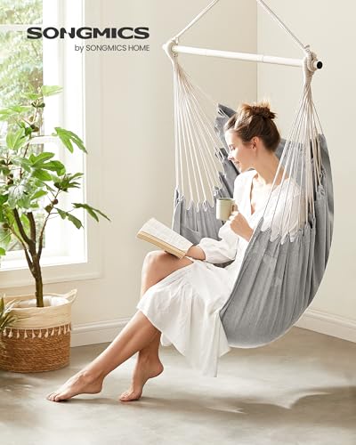 SONGMICS Hängesessel, Hängeschaukel, Hängestuhl mit 2 Kissen, Metallkette, bis 150 kg belastbar, Indoor und Outdoor, Wohnzimmer, Schlafzimmer, Taubengrau GDC197G01 2