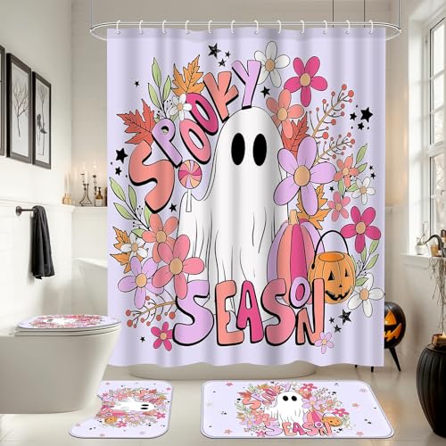 Ticuenicoa 4 Pcs Halloween Shower Curtain Set with Cute Ghost Design, Includes 72x72 Inch Shower Curtain, Bathroom Rugs, Toilet Lid Cover, 12 Hooks, Spooky Season Decor