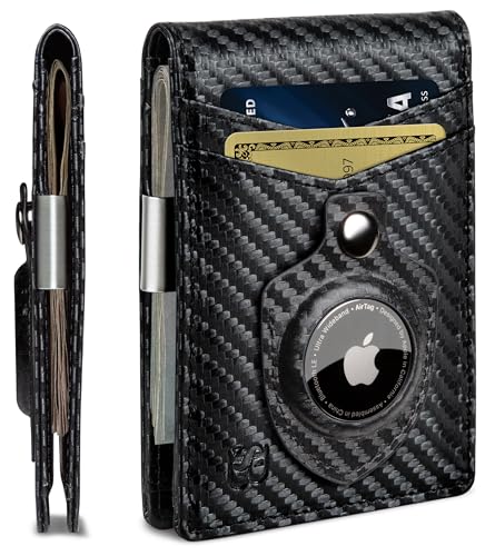 SERMAN BRANDS AirTag Wallet - RFID Blocking Mens Minimalist Money Clip Wallet for Airtag - Full Grain Leather - Slim Bifold. Front Pocket Apple Air tag Wallets for men. Gift (Carbon Transformer Air)