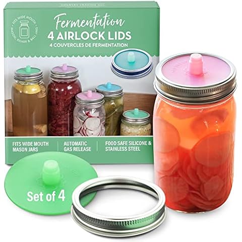Fermentation Airlock Silicone Lids including Stainless Steel Bands for Fermenting - Set of 4 Cover