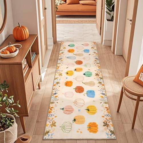 TUKDAK Halloween Hallway Runner Rug Non Slip 60x180cm, Beige Washable Autumn Pumpkin Kitchen Carpet Runner, Cute Fall Thanksgiving Long Hall Rug for Entryway Bedroom Laundry Living Room, Soft Low Pile