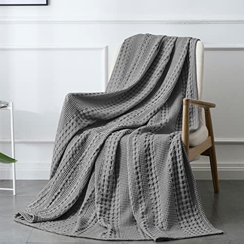 PHF 100% Cotton Waffle Weave Throw Blanket - Washed Soft Lightweight Blanket for All Season - Breathable and Skin-Friendly Blanket for Couch Bed Sofa 50"x60"- Charcoal/Dark Grey