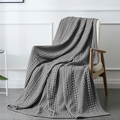 Phf 100% Cotton Waffle Weave Throw Blanket - Washed Soft Lightweight Blanket For All Season - Breathable And Skin-Friendly Blanket For Couch Bed Sofa 50"X60"- Charcoal/Dark Grey #TOP3