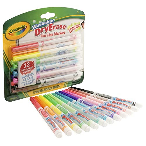 Crayola Washable Dry-Erase Fine Line Markers 12 Classic Colors NonToxic Art Tools for Kids & Toddlers 3+
