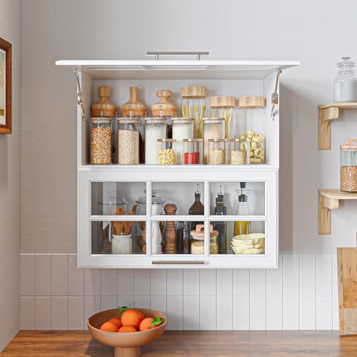 Furnivio 29.5’’ Bathrom Cabinet Wall Mounted, Kitchen Wall Cabinets Laundry Room Cabinets Wall Mounted with Adjustable Shelf, Flip Up Door Design with Glass for Laundry/Bathroom/Kitchen