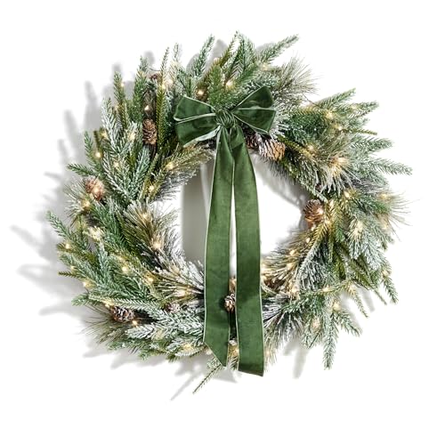 LampLust Cypress Christmas Wreath with Lights, 22 Inch Wreath with 100 Battery Operated LED Lights and Velvet Bow, Winter Wreaths for Front Door Christmas Decorations Holiday Decor by LampLust - Used condition - US$19.88