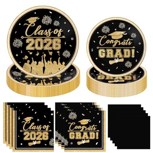 Class of 2026 Graduation Party Supplies - Congrats Grad Tableware Set, Black and Gold Graduation Paper Dessert Plates and Napkins for Graduations Table Decorations 2026 Grad Party Decor, Serves 50