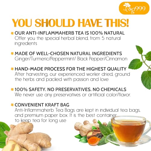 Image of 20 Tea Bags - Anti-Inflammaheb Loose Leaf Tea, 100% Natural from Ginger, Turmeric, Peppermint, Black Pepper, Cinnamon. No Sugar, No Caffeine, No Gluten, Vegan.