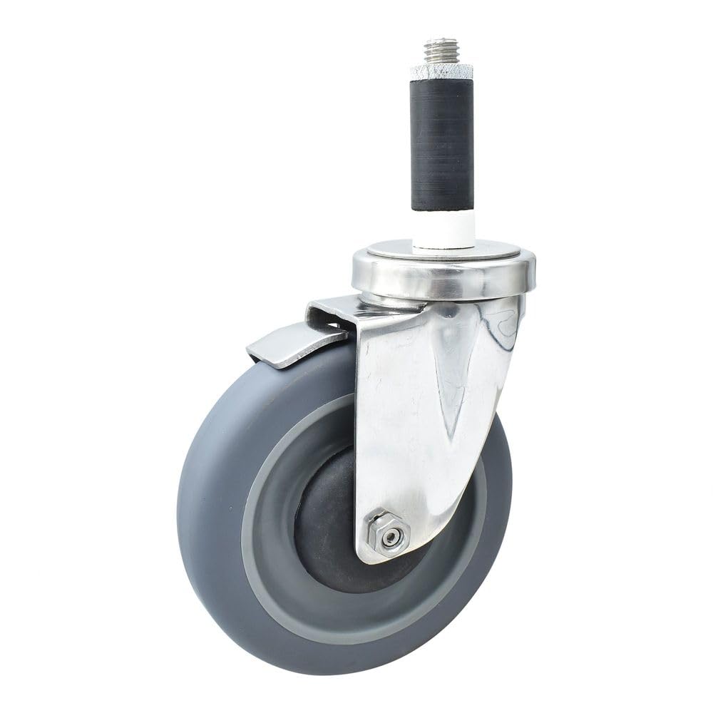 BK Resources 5" Gray Rubber 1" Expanding Stainless Steel Stem Swivel Caster for Work Tables with Top Lock Brake – 5", Silver, Model 5SS-1RA-GR-TLB