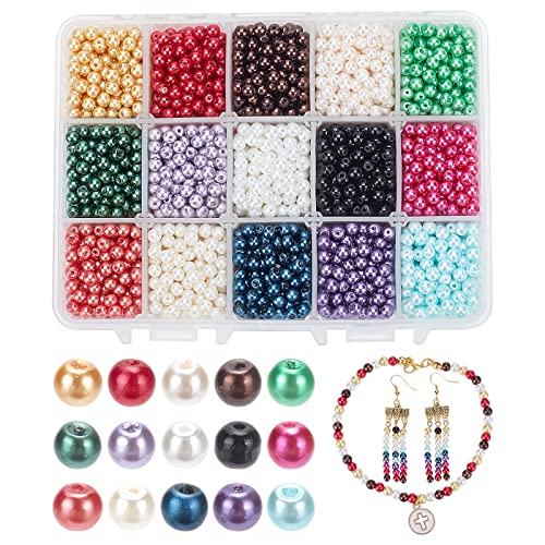 PH PandaHall 3400pcs Craft Pearl Beads, 4mm Dyed Round Glass Pearl Beads 15 Color Pearlized Round Beads Tiny Satin Loose Luster Beads for Necklace, Bracelet, Earring Jewelry Making Vase Fillers