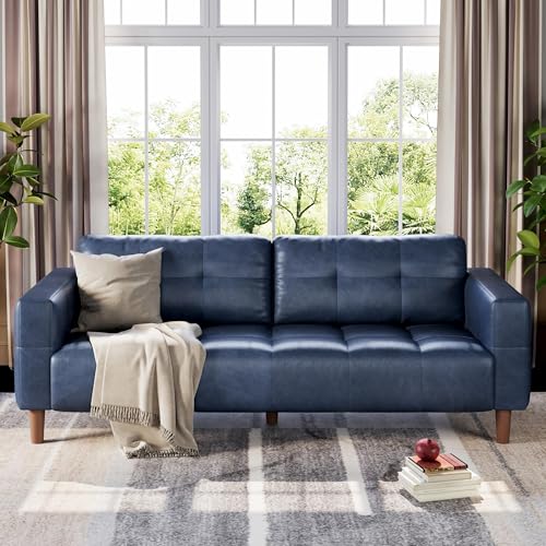 Image of IDEALHOUSE 83 inch Blue Faux Leather Couch, 3 Seater Sofa Couches