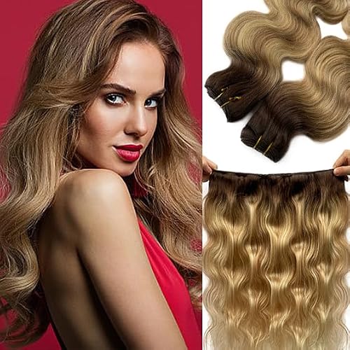 Ombre Blonde Weft Hair Extensions,Chestnut Brown Highlight Sew in Human Hair Natural Curly Double Drawn Human Hair Extensions Sew in Hand Tied 80G Body Wave Human Hair Bundles Thick Ends 14 Inch