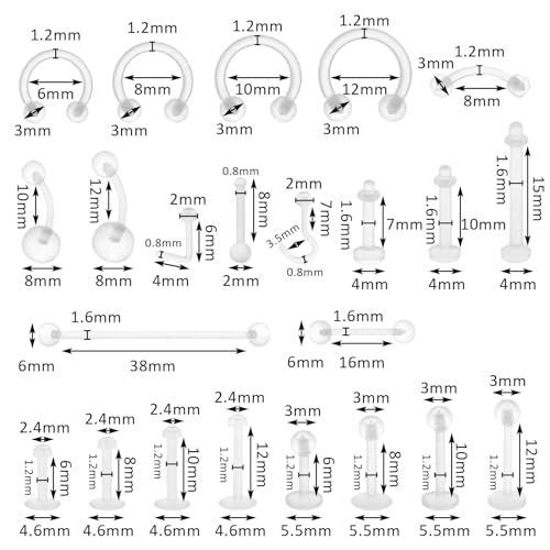 Lusofie 43Pcs Clear Piercing Retainer Set Acrylic Septum Ring Nose Studs Rings Cartilage Navel Tongue Barbells Lip Eyebrow Tragus Earring Clear Piercing Jewelry for Work Surgery2